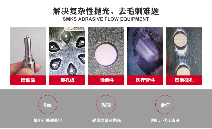 SMKS磨料流设备工艺原理 斯曼克磨粒流，使用金刚石微粉或碳化硅微粉等各式研磨剂混合成高分子弹性柔软的磨料， 通过上下挤压运动使磨料通过内孔流道或加工面，以往复运动的方式来进行表面研磨抛光。 针对各式内孔流道、微细孔、复杂内型腔、齿面、曲面或不规则面的抛光去毛刺，具有极佳效果。 安/全/环/保：磨料符合环保标准：无高热，无溶液，低分贝，无粉尘